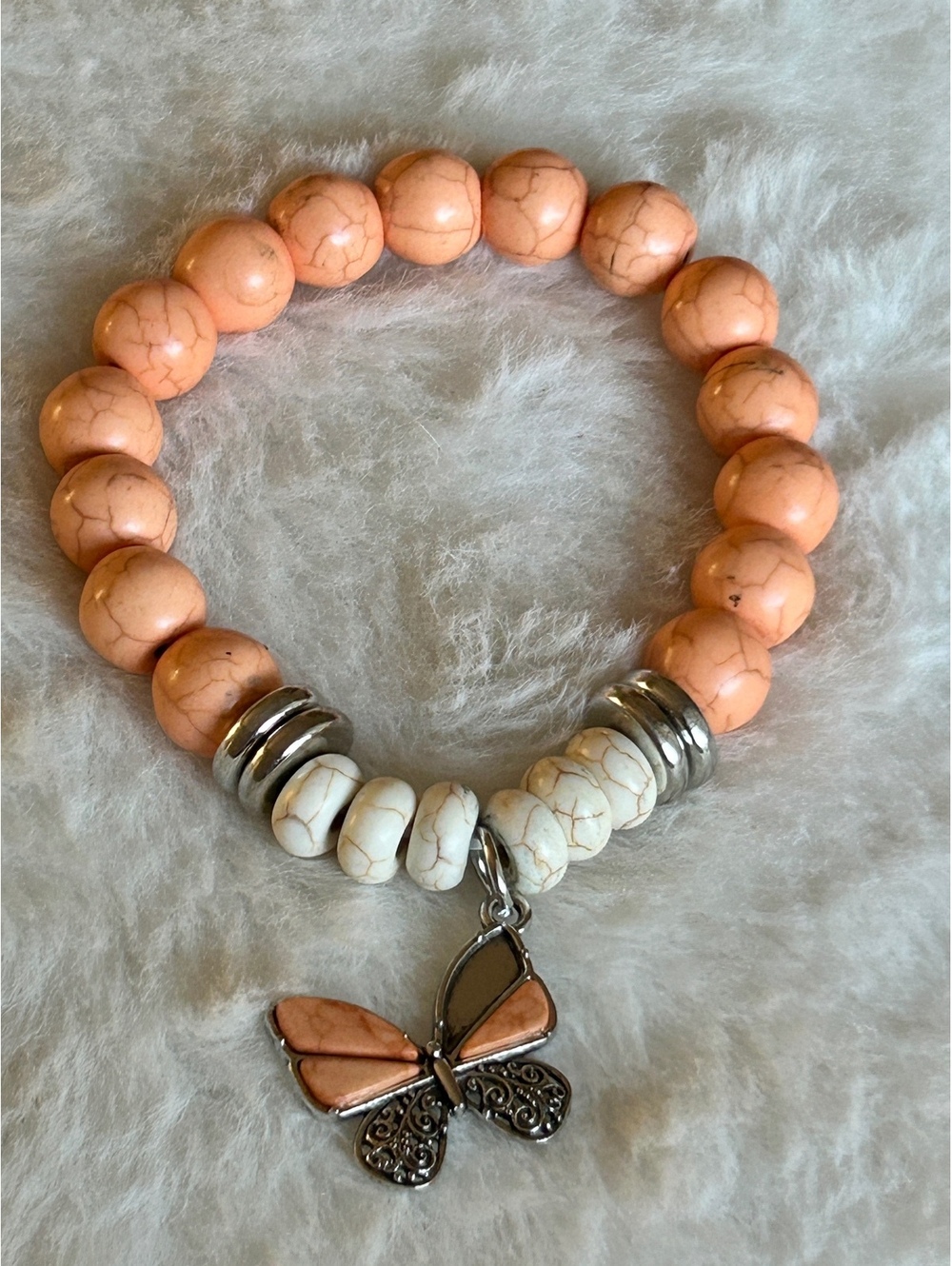 Beaded Butterfly Charm Bracelet in Peach and White